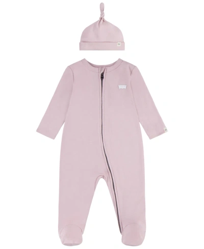 Levi's Baby Boys Footed Coveralls And Hat Set In Peachskin