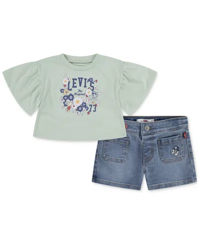 Levi's Baby Girls 2-pc. Flutter-sleeve Top & Jean Shorts Set In Blue