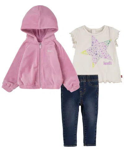 Levi's Baby Girls Denim Pant And Tee 3 Piece Set Outfit In Roseate Spoonbill