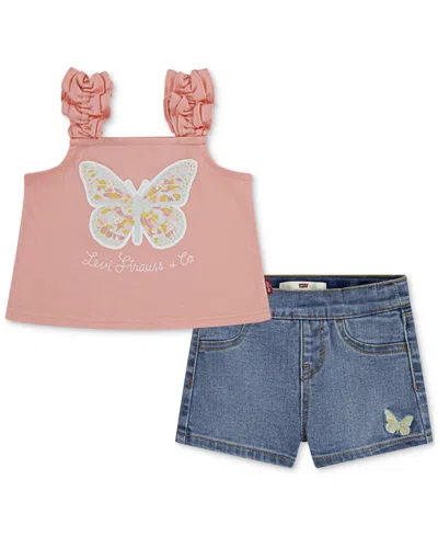 LEVI'S BABY GIRLS RUFFLE STRAP BUTTERFLY TANK TOP & SHORTS, 2 PIECE SET