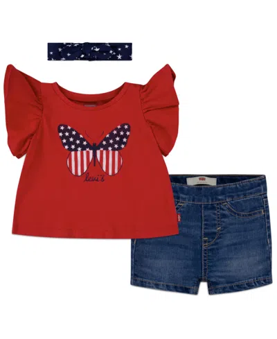 Levi's Baby Girls Top, Shorts And Headband Set In Red