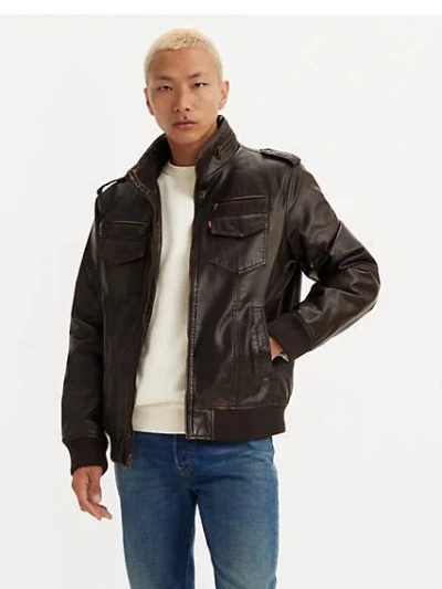 Levi's Faux Leather Aviator Bomber Jacket In Dark Brown