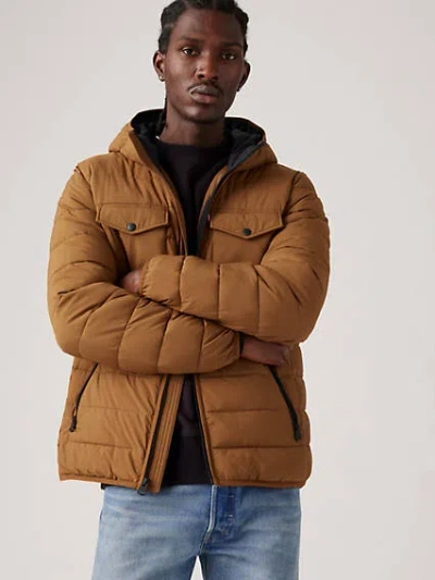 Levi's Hooded 2 Chest Pocket Puffer Jacket In Worker Brown