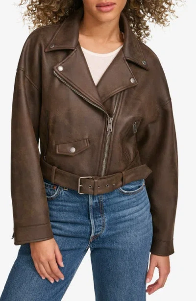 Levi's Faux Suede Cropped Belted Moto Jacket In Dark Brown Faux Suede
