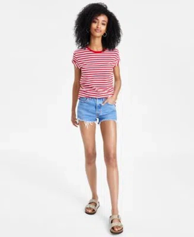 Levi's Levis Womens The Perfect Crewneck T Shirt 501 Button Fly Cotton High Rise Denim Shorts In Dusty Chal