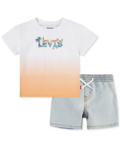 Levi's Kids' Little Boys Beach Logo T-shirt & Denim Shorts, 2 Piece Set In Bright White