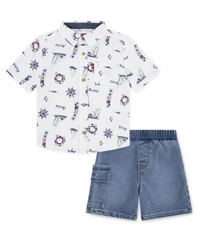 Levi's Kids' Little Boys Sailing Shirt And Denim Cargo Shorts Set In Bright White