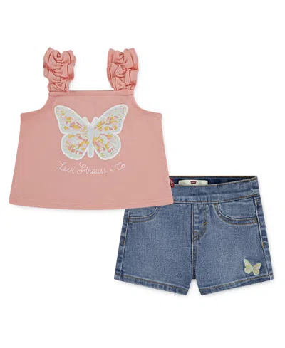 Levi's Babies' Little Girls 2-piece Ruffle Strap Tank And Shorts Set In Candlelight Peach