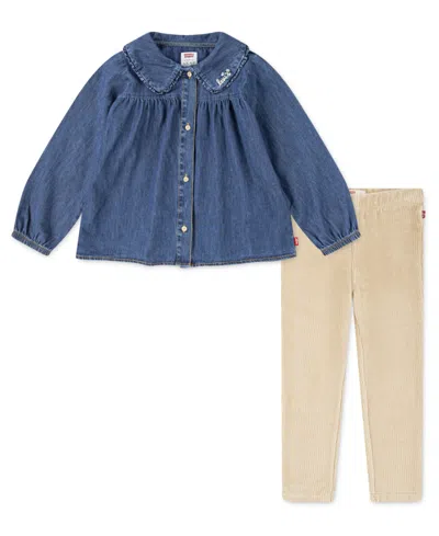 Levi's Kids' Little Girls Collared Top And Leggings, 2-piece Set In Safari