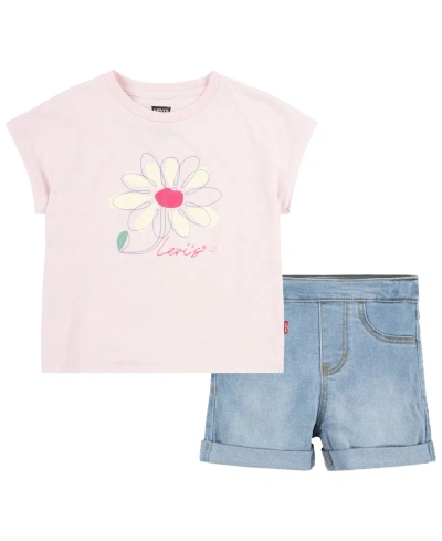 Levi's Kids' Little Girls Floral Dolman T-shirt And Shorts Set In Chalk Pink