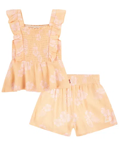 Levi's Little Kids Peplum Tank Top And Shorts Set In Coral Sands
