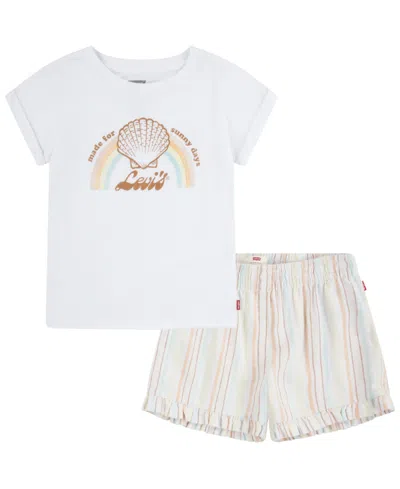 Levi's Little Kids Shell T-shirt And Frilly Shorts Set In Bright White