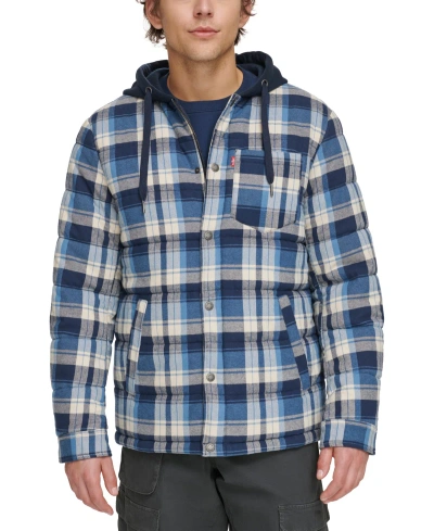Levi's Men's Cotton Quilted Shirt Jacket With Fleece Hood In Navy Plaid