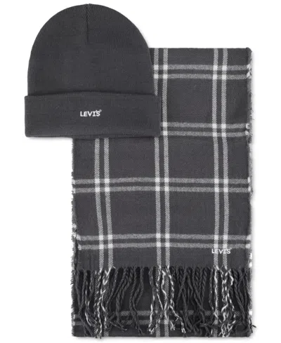 Levi's Men's Logo Beanie & Windowpane Scarf Set In Gray