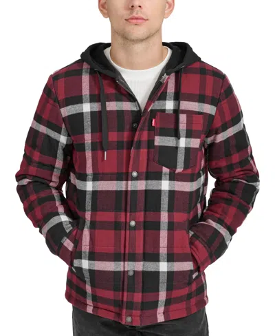 Levi's Men's Plaid Quilted Hooded Shirt Jacket In Magenta Co