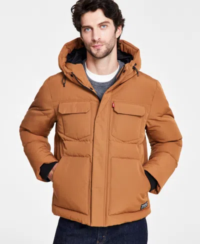Levi's Men's Quilted Hooded Puffer Jacket In Brown