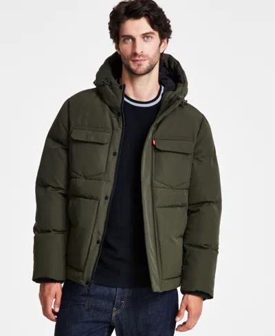 Levi's Men's Quilted Hooded Puffer Jacket In Olive