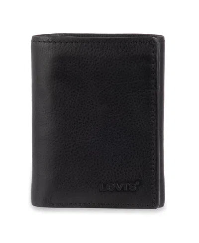 Levi's Men's Rfid Genuine Leather Trifold Wallet With Hidden Zipper Pocket In Black