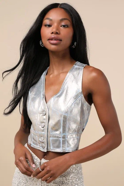 Levi's Mona Silver Metallic Coated Denim Vest Top In Gold