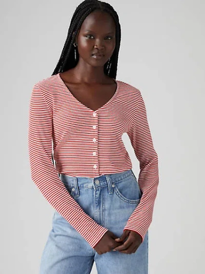 Levi's Muse Long Sleeve T-shirt In Vanilla Stripe Scarlet Smile