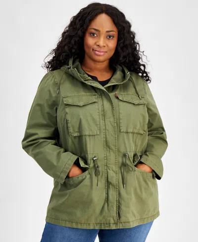 Levi's Plus Size Cotton Hooded Military Zip-front Jacket In Olive