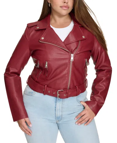Levi's Plus Size Faux Leather Belted Motorcycle Jacket In Deep Red