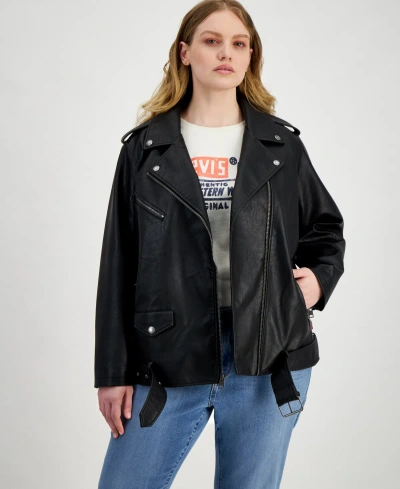 Levi's Plus Size Faux Leather Long Line Belted Moto Jacket In Black