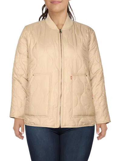 Levi's Plus Womens Ribbed Trim Long Sleeves Quilted Coat In Silver