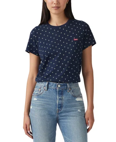 Levi's Premium Women's The Perfect Crewneck Cotton T-shirt In Livia Dotv2 Navy Blazer