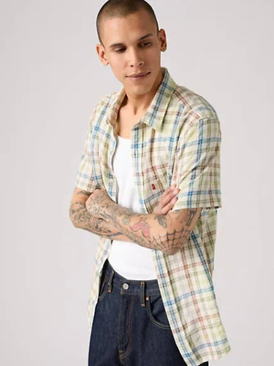 Levi's Short Sleeve Sunset Cotton Linen One Pocket Shirt In Brooks Plaid Egret