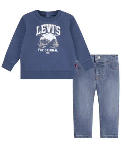 Levi's Babies' Toddler Boys 2-piece Mountain Crewneck And Denim Pants Set In Classic Indigo