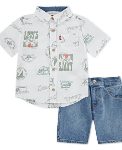Levi's Babies' Toddler Boys 2-piece Printed Shirt And Denim Shorts In Bright White
