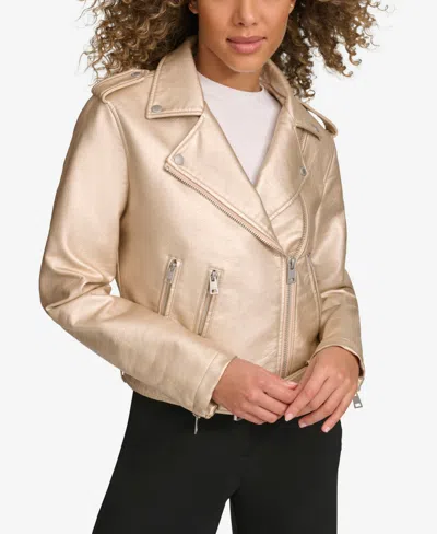 Levi's Women's Faux-leather Belted Hem Moto Jacket In Frosted Gold