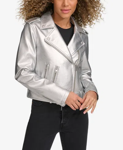 Levi's Women's Faux-leather Belted Hem Moto Jacket In Silver