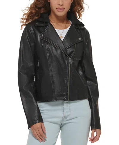 Levi's Fleece Hood Faux Leather Moto Jacket In Black