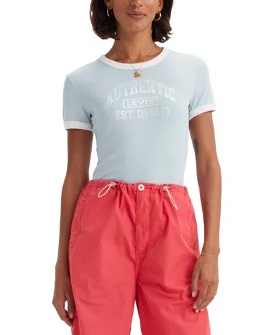 Levi's Women's Graphic Rickie Cotton Ringer T-shirt In Authentic Box Tab Dusty Blue