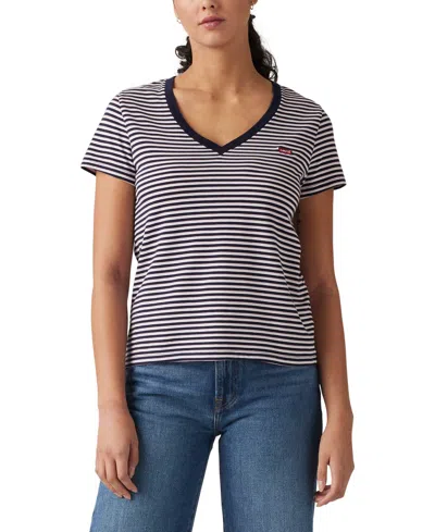 Levi's Women's Perfect Cotton V-neck Short-sleeve T-shirt In Indigo Stripe Navy Blazer