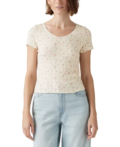 Levi's Women's Sweetie Cotton V-neck Pointelle Top In Isabel Floral Cameo Pink