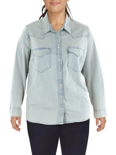 Levi Strauss & Co Plus Womens Collar Long Sleeve Button-down Top In Blue