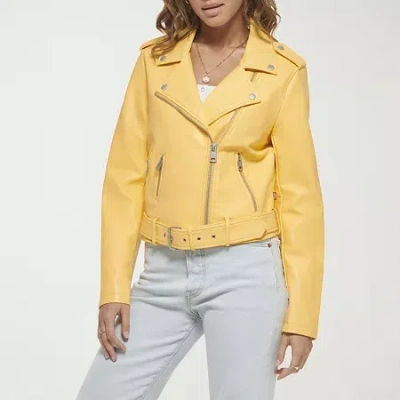 Levi 's Womens Faux Leather Belted Midweight Motorcycle Jacket In Yellow