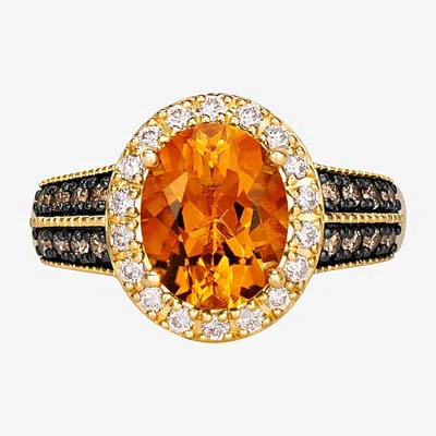 Levian Corp Le Vian Womens 1/2 Ct. T.w. Genuine Orange Citrine 14k Gold Oval Halo Side Stone Cocktail Ring