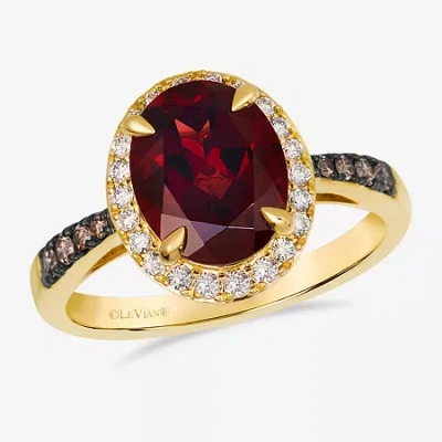 Levian Corp Le Vian Womens 1/4 Ct. T.w. Genuine Red Garnet 14k Gold Oval Halo Side Stone Cocktail Ring