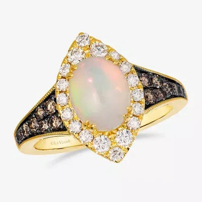 Levian Corp Le Vian Womens 3/4 Ct. T.w. Genuine White Opal 14k Gold Oval Halo Side Stone Cocktail Ring