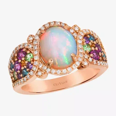 Levian Corp Le Vian Womens Genuine White Opal 14k Rose Gold Oval Halo Side Stone Cocktail Ring In Pink