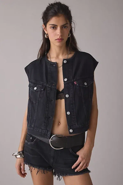 Levi's '90s Shrunken Collarless Denim Vest Jacket In None Your Business/washed Black, Women's At Urban Outf