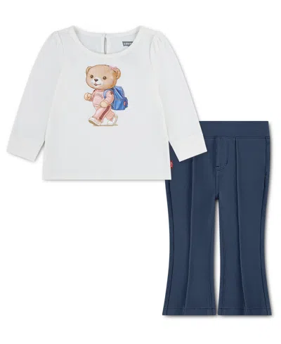 Levi's Baby Boys' And Baby Girls' Teddy Bear Graphic Long-sleeve Top And Knit Pants, 2-piece Set In White