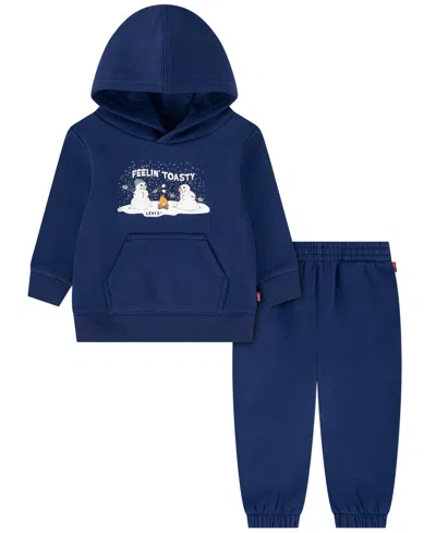 Levi's Baby Boys' Toasty Snowman Fleece Hooded Sweatshirt And Jogger Pants, 2-piece Set In Blue