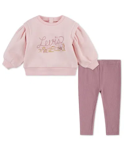 Levi's Baby Girls Blouson-sleeve Crewneck Top And Pants, 2-piece Set In Pink