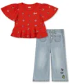Levi's Baby Girls Butterfly-print Peplum Top And Wide-leg Jeans, 2 Piece Set In Multi