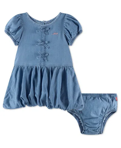 Levi's Baby Girls' Short-sleeve Bubble Dress With Diaper Cover, 2-piece Set In Blue